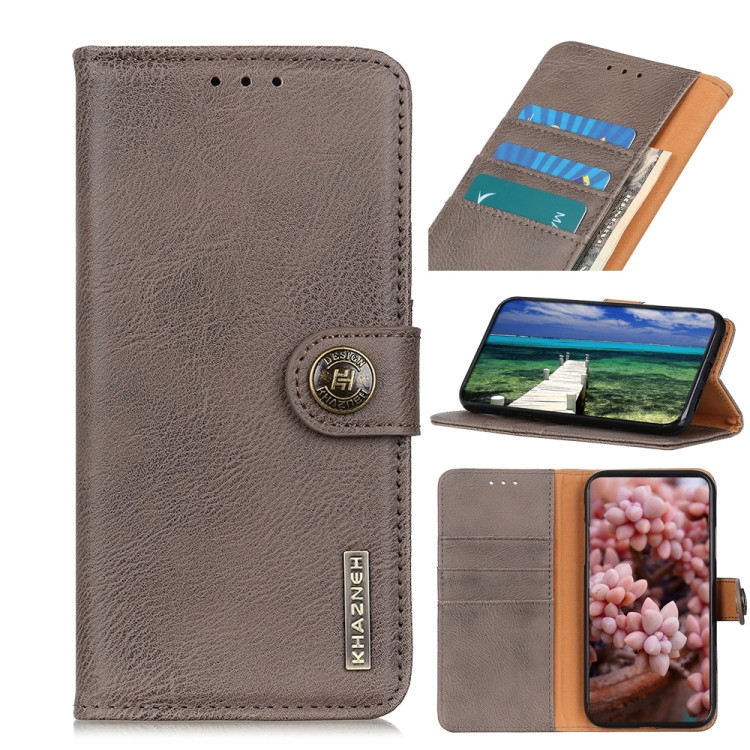 Samsung Galaxy A14 5G KHAZNEH Cowhide Texture Horizontal Flip Leather Phone Case - Khaki